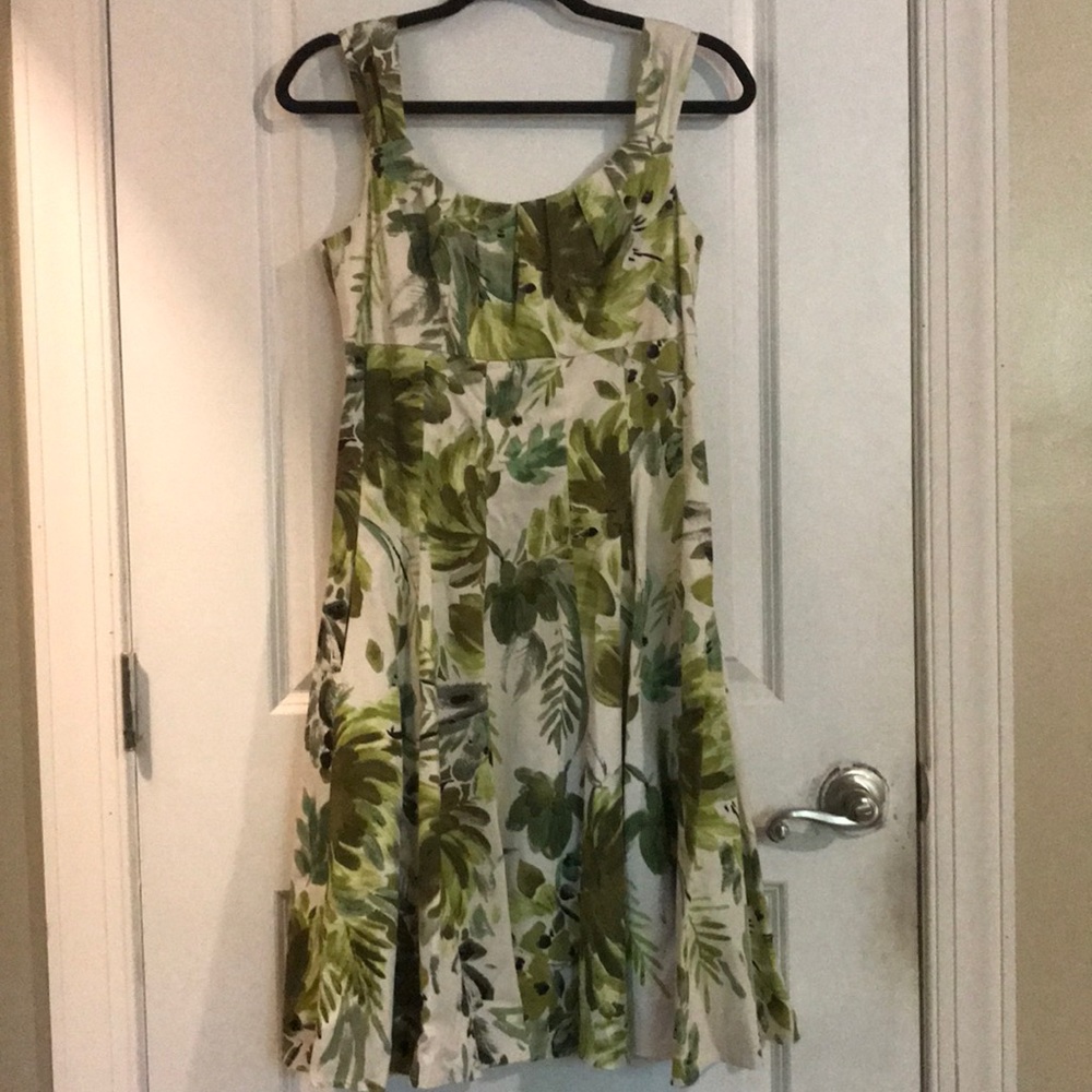 new directions Cream and Green Botanical Pleated Midi Dress